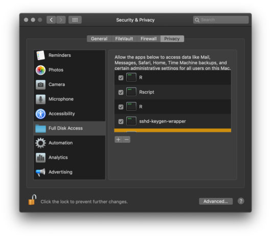 Full Disk Access settings panel in macOS