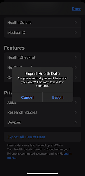 apple health data export screenshot