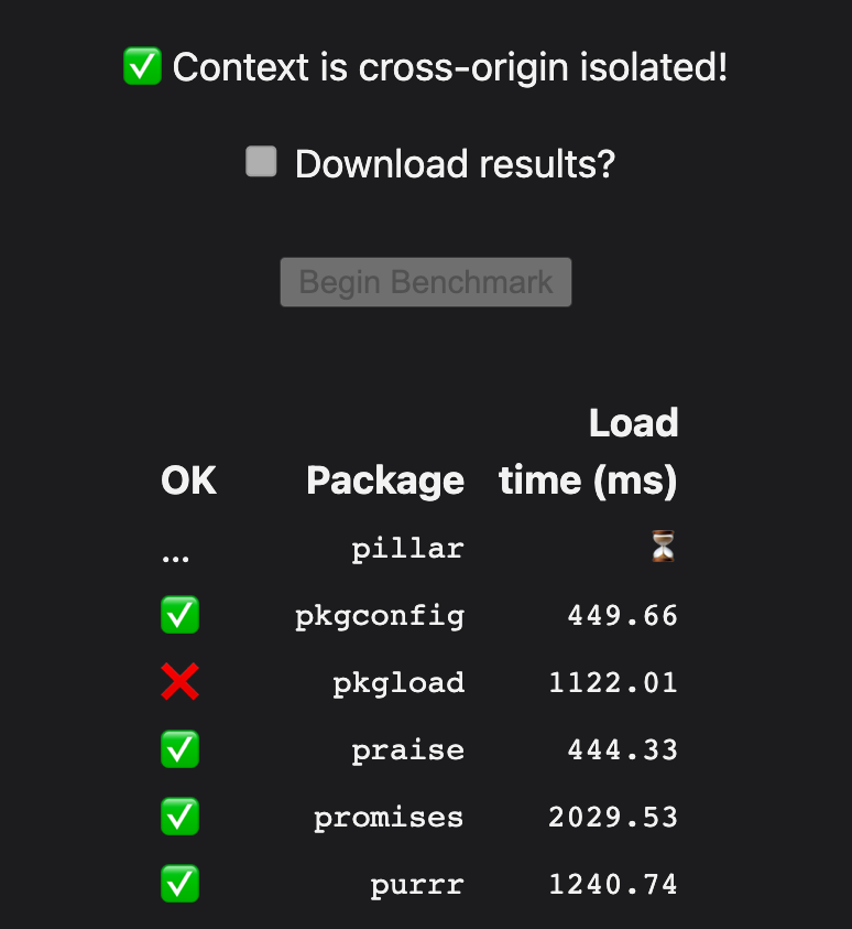 Controls and sample output for the benchmark site.